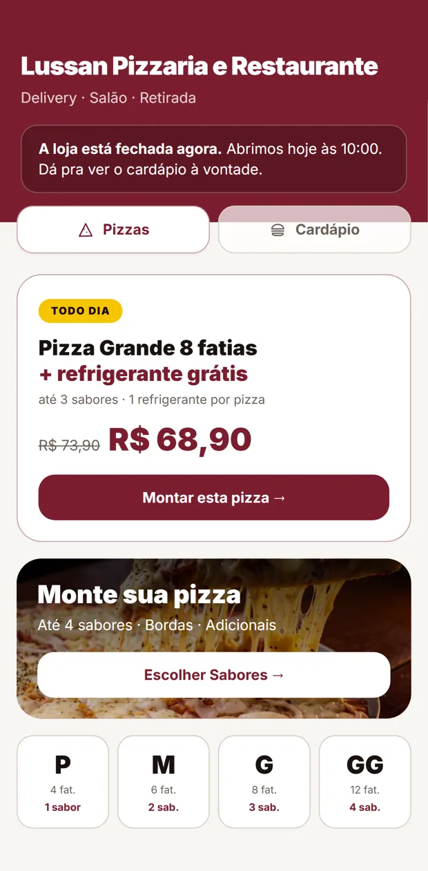 O mesmo cardápio no tema claro