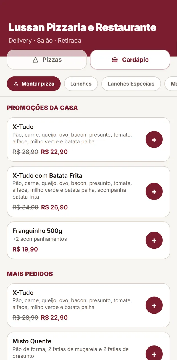 Topo do cardápio com montagem de pizza