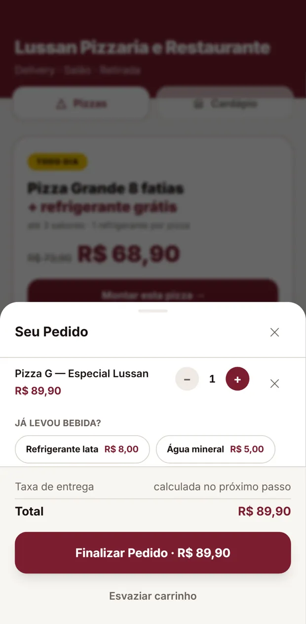 Carrinho de pedido com sugestão de bebida e total